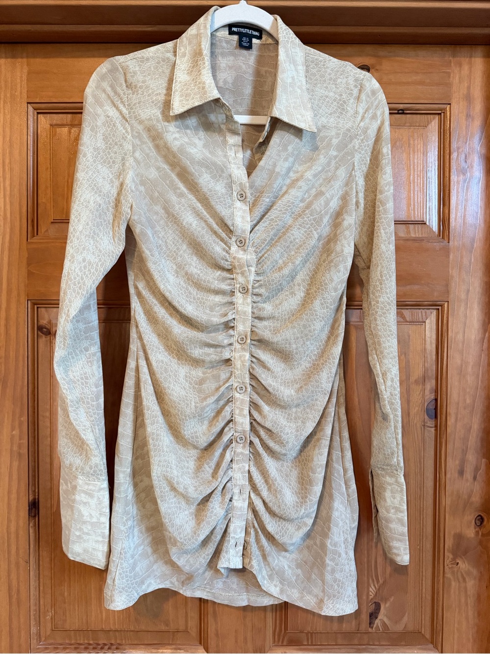 PrettyLittleThing Beige Snake Print Sheer Gathered Button-Down Shirt